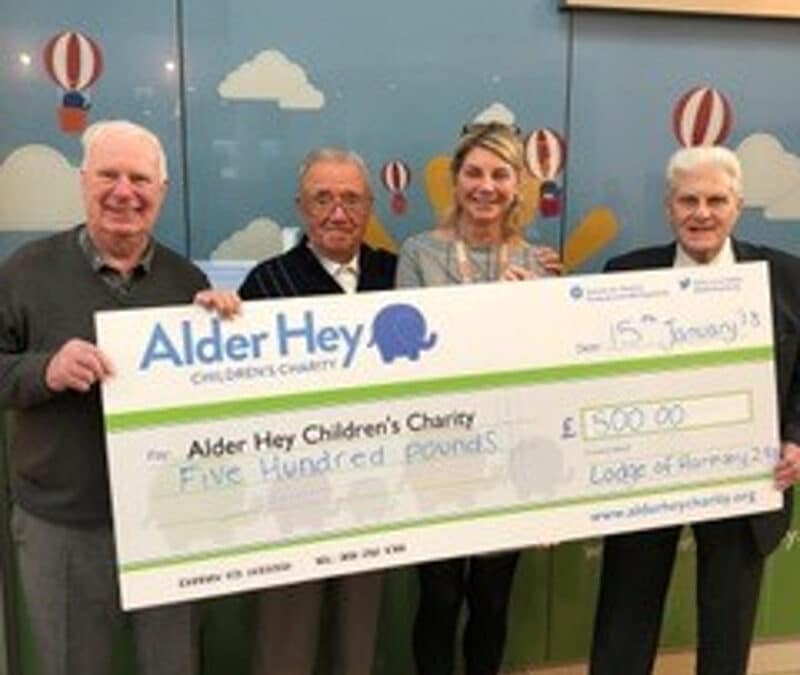 The Lodge of Harmony No.298 Visit Alder Hey Children’s Hospital to Present a cheque for £500