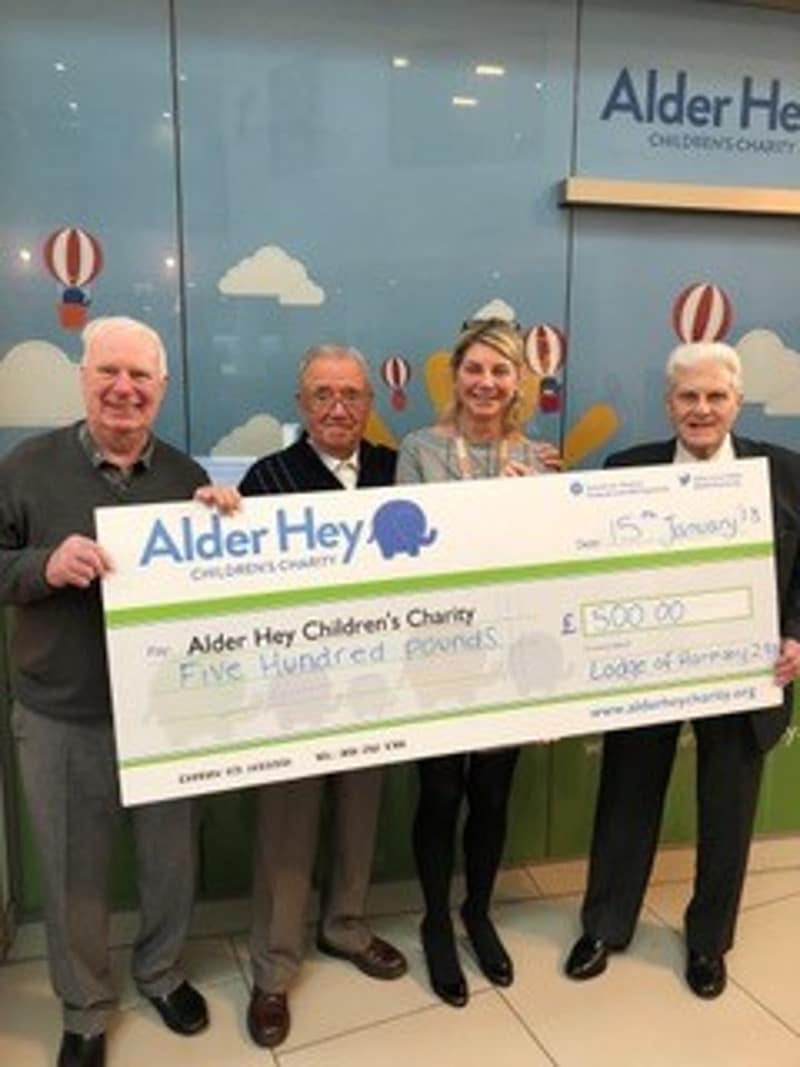 The Lodge of Harmony No.298 Visit Alder Hey Children’s Hospital to Present a cheque for £500