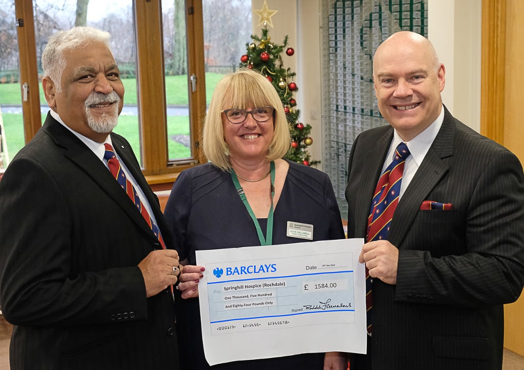 Springhill Hospice receive a cheque from the Freemasons Charitable Foundation