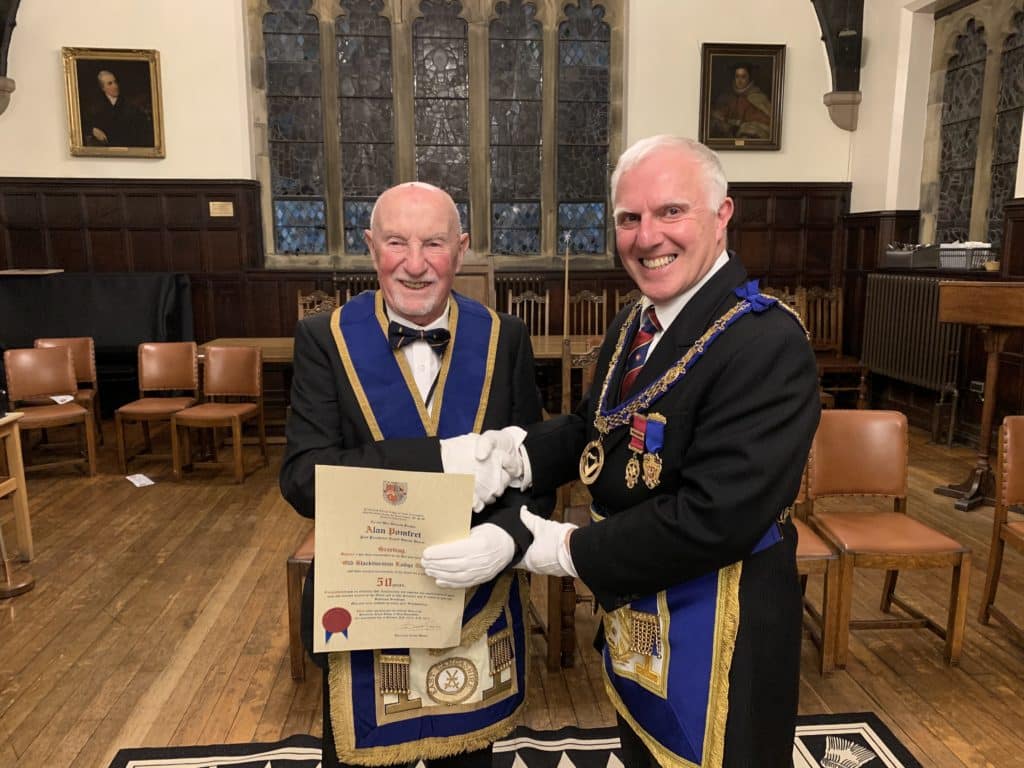 Alan Pomfret Celebrates 50 years in Freemasonry at Old Blackburnian Lodge No. 7933
