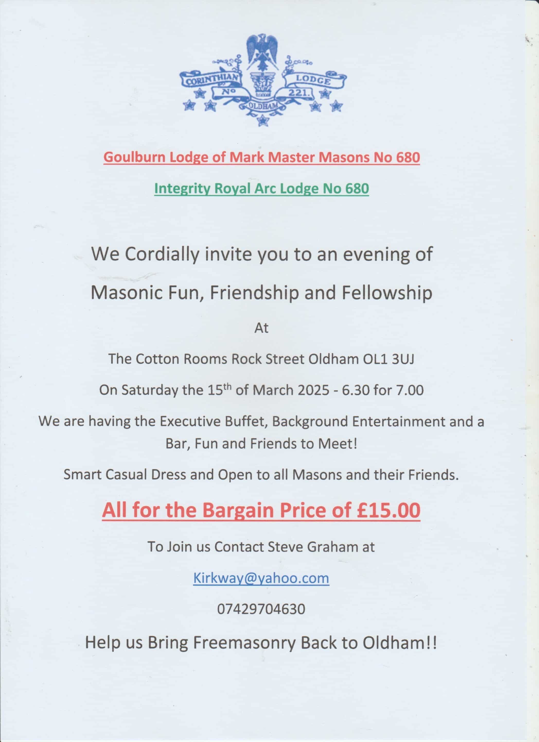 Masonic Fun, Friendship and Fellowship @ Cotton Rooms