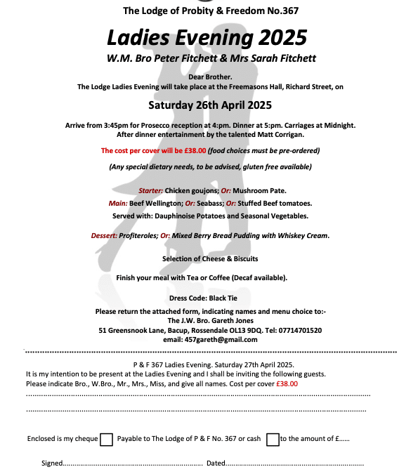 Ladies Evening hosted by The Lodge of Probity and Freedom 367