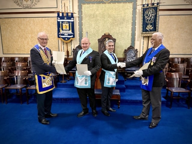 Bro Whitcombe and Bro Pirasteh Grand Lodge certificate presentation