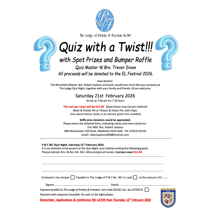 Quiz hosted by Lodge of Probity & Freedom
