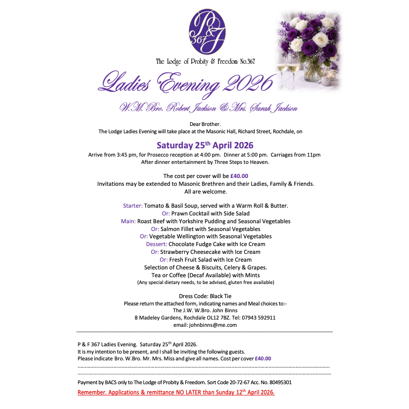 Lodge of Probity and Freedom – Ladies Evening – 25 April 2026