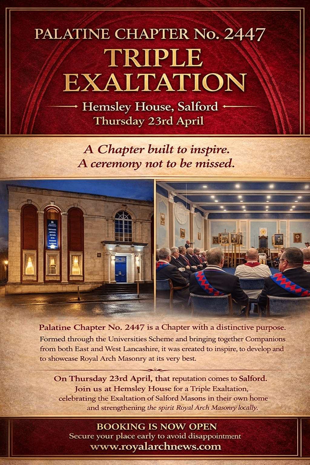 Palatine Chapter No. 2447 – Triple Exaltation at Salford Masonic Hall, Thursday 23rd April